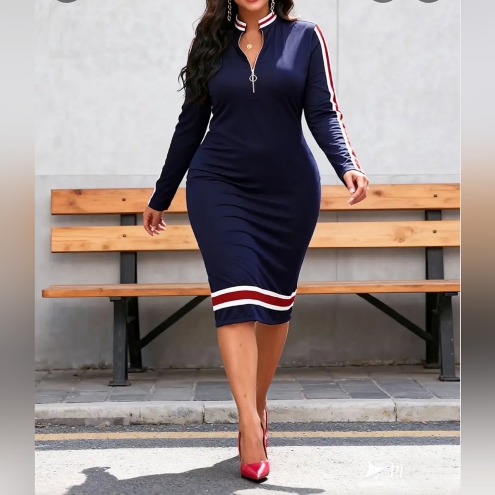 Navy Blue Bodycon Dress with Red and White Stripes